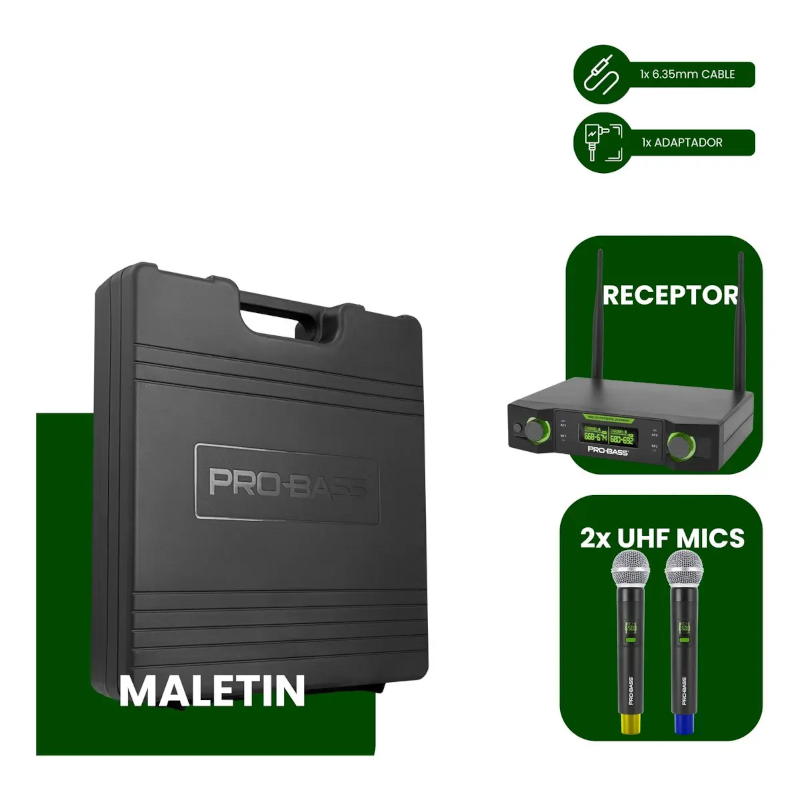 Micrófono Inalámbrico Doble ProBass Uf 224 Multi Frec. Negro