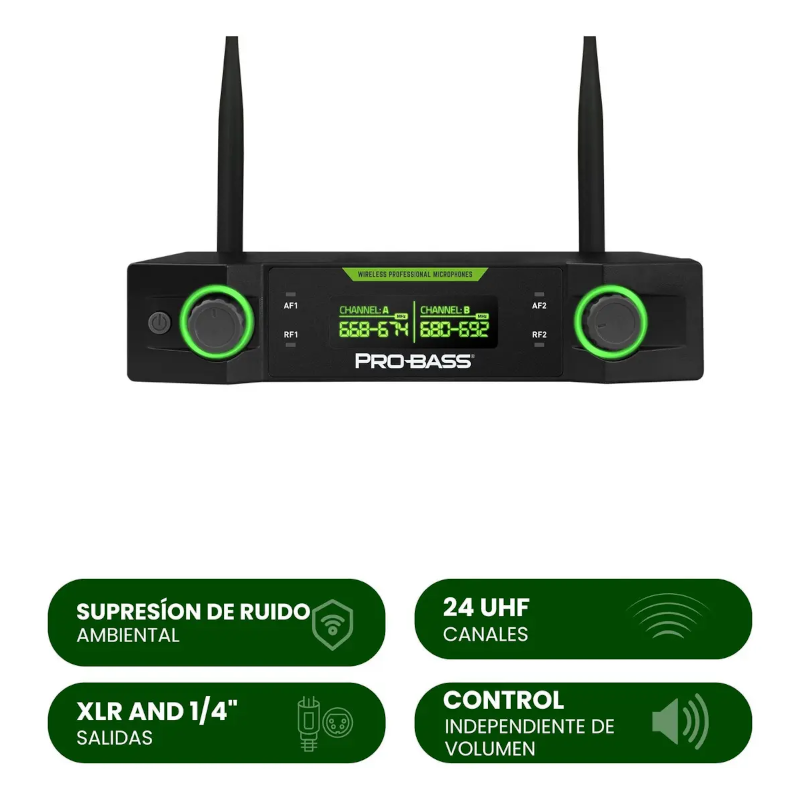 Micrófono Inalámbrico Doble ProBass Uf 224 Multi Frec. Negro
