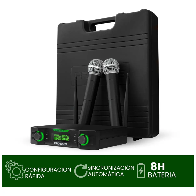 Micrófono Inalámbrico Doble ProBass Uf 224 Multi Frec. Negro