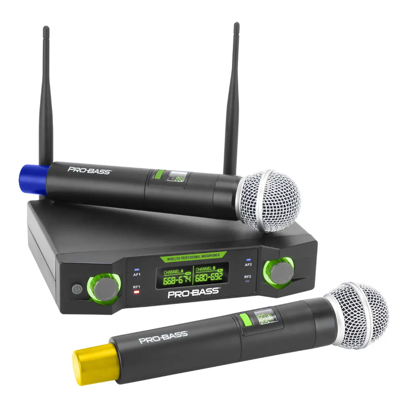 Micrófono Inalámbrico Doble ProBass Uf 224 Multi Frec. Negro