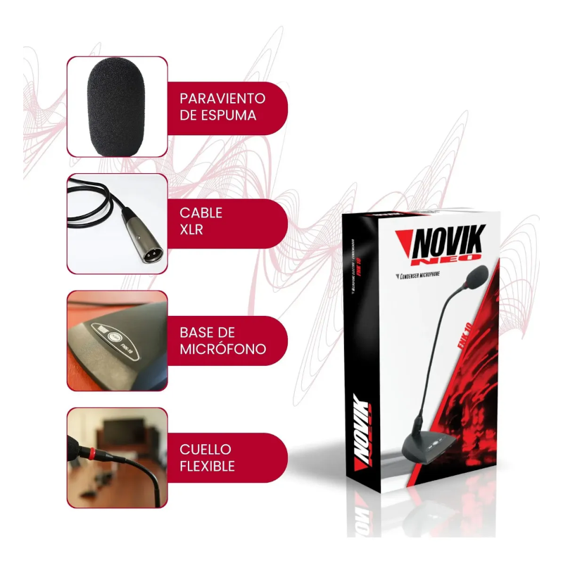 Microfono Conferencia Novik Fnk-10 Cardiode Cable Y Soporte Color Negro
